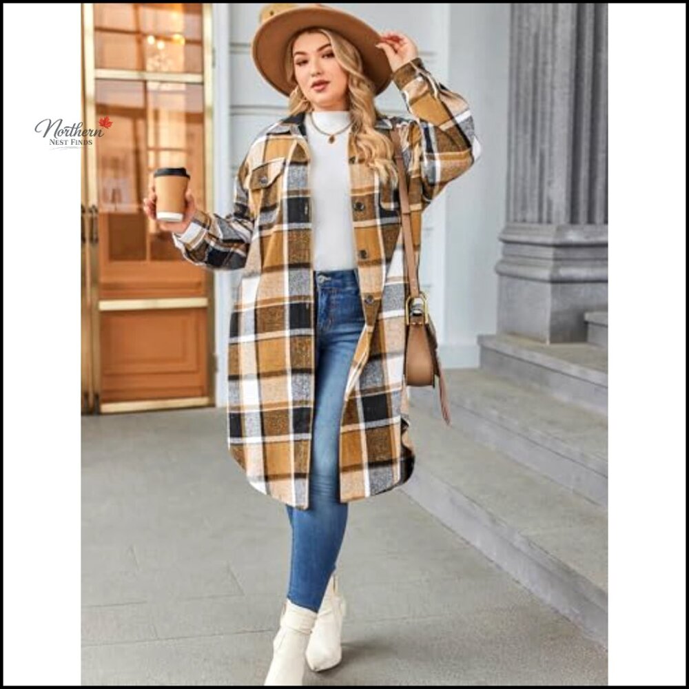 Plus Size Flannel Plaid Button Down Shirt Long Sleeve Shacket Jacket - Picture 4 of 7